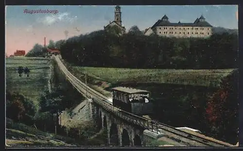 AK Augustusburg, Blick zum Schloss mit Bergbahn