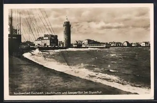 AK Cuxhaven, Nordseebad, Leuchtturm und Seepavillon bei Sturmflut