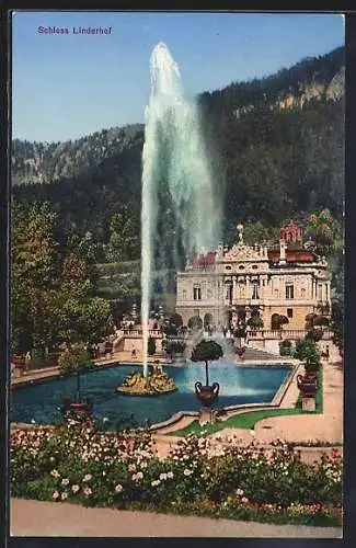 AK Schloss Linderhof mit Wasseranlage mit hoher Fontäne