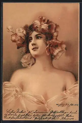 AK Jugendstil, junge Frau in schulterfreiem Kleid mit Blättern und Blumen im Haar