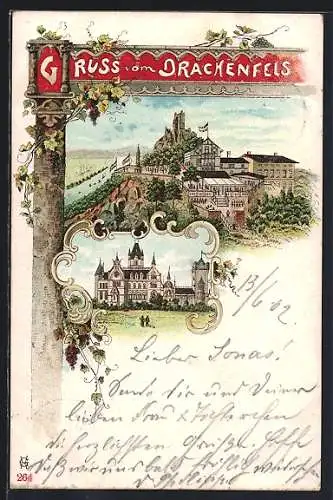 Lithographie Schloss Drachenburg, Burgruine auf dem Drachenfels mit Plateau