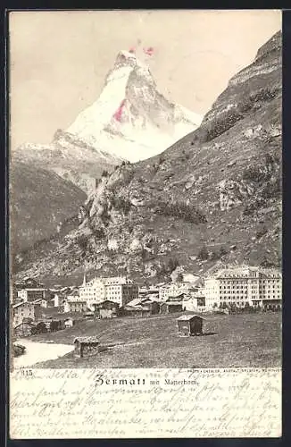 AK Zermatt, Ortspartie mit Matterhorn