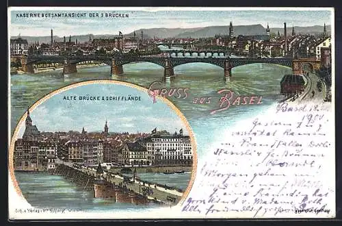 Lithographie Basel, Alte Brücke und Schifflände, Kaserne und Brücken