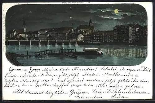 Lithographie Basel, Flusspartie mit Brücke im Mondschein