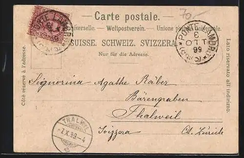 Lithographie Basel, Flusspartie mit Brücke im Mondschein