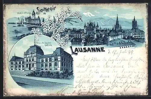 Lithographie Lausanne, Palais de justice fédérale, Château d`Ouchy