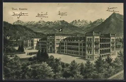 Lithographie Thun, Blick auf die Kaserne