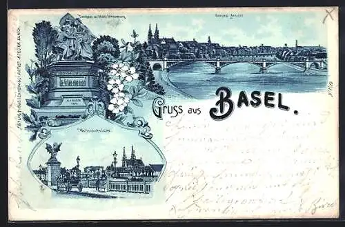 Lithographie Basel, Wettsteinbrücke, Denkmal der Stadt Strassburg