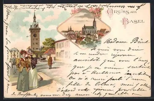 Lithographie Basel, Strassenpartie mit Passanten, Münster