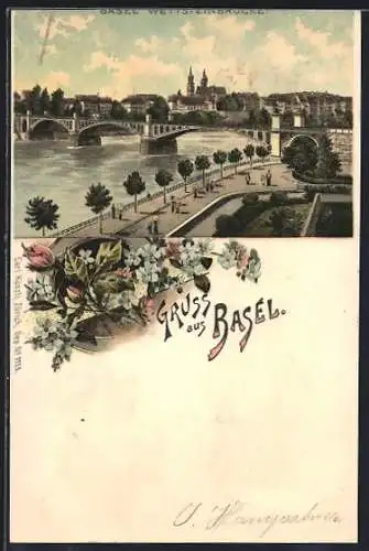 Lithographie Basel, Partie an der Wettsteinbrücke