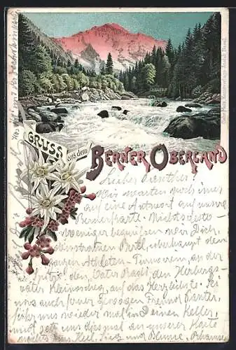 Lithographie Berner Oberland, Flusspartie im Wald