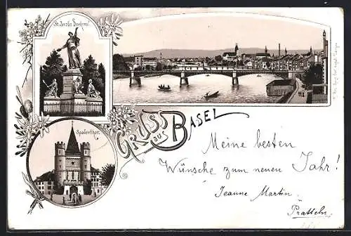 Vorläufer-Lithographie Basel, 1895, Spalenthor, St. Jacobs-Denkmal und Flusspartie