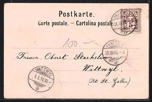 Vorläufer-Lithographie Basel, 1895, Spalenthor, St. Jacobs-Denkmal und Flusspartie