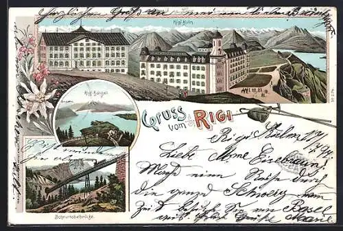 Lithographie Rigi, Gruss vom Rigi-Kulm, Rigi-Känzeli und Schnurtobelbrücke