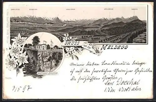 Lithographie Walzenhausen, Gasthaus Meldegg mit Gebirge, Graue Hörner, Kreuzberge, Säntis