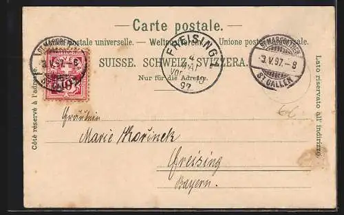 Lithographie Walzenhausen, Gasthaus Meldegg mit Gebirge, Graue Hörner, Kreuzberge, Säntis