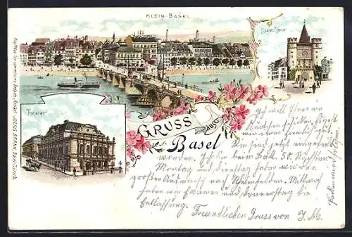 Lithographie Basel, Blick auf Klein-Basel, Spalenthor und Theater, Dampfer auf dem Rhein