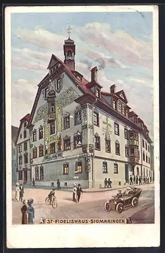 AK Sigmaringen, St. Fidelishaus mit Passanten und Auto