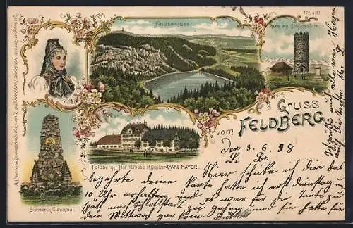 Lithographie Feldberg / Schwarzwald, Gasthaus Feldberger Hof, Thurm mit Schutzhütte