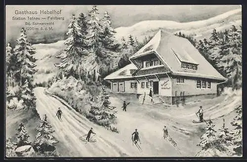 AK Todtnau, Gasthaus Hebelhof auf dem Weg auf den Feldberg, Skifahrer