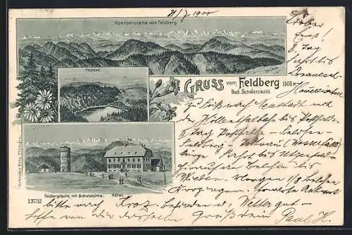 Lithographie Feldberg /Schwarzwald, Hotel und Feldbergthurm mit Schutzhütte, Feldsee