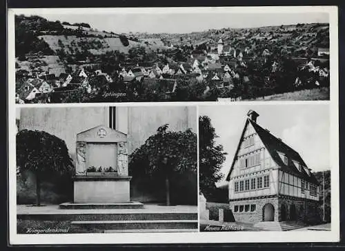 AK Iptingen, Neues Rathaus, Kriegerdenkmal, Ortsansicht