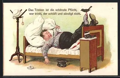 AK Das Trinken ist die schönste Pflicht, ..., Betrunkener im Bett