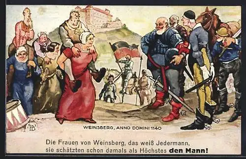 Künstler-AK Hans Boettcher: Weinsberg, die Frauen von Weinsberg, Treffen vor der Stadt anno domini 1140