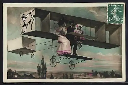 Fotomontage-AK Baiser, Familie in Flugzeug