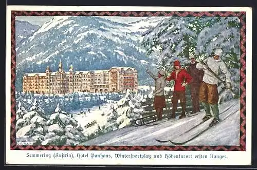 Künstler-AK Ernst Kutzer: Semmering, Hotel Panhans mit Ski- und Schlittenfahrern