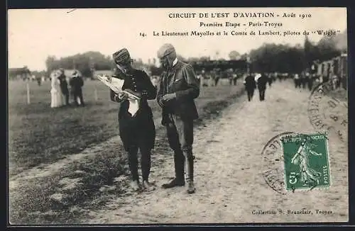 AK Circuit de l`Est d`Aviation 1910, Première Etape Paris-Troyes, Le Lieutenant Mayolles et le Come de Lambert...