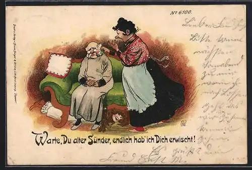 Künstler-Lithographie Bruno Bürger & Ottillie Nr. 6100: zornige Gattin zieht ihrem Mann die Ohren lang