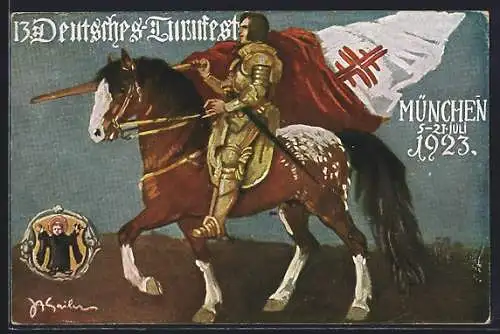 AK München, Karte zum 13. Deutschen Turnfest 1923, Ritter auf dem Pferd mit Flagge, Münchner Kindl