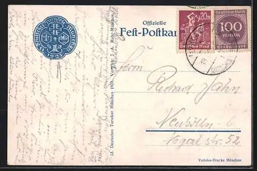 AK München, Karte zum 13. Deutschen Turnfest 1923, Ritter auf dem Pferd mit Flagge, Münchner Kindl