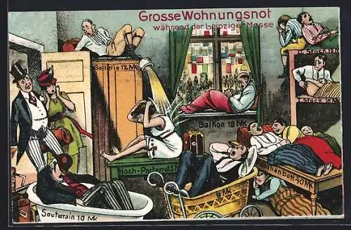 AK Leipzig, Grosse Wohnungsnot während der Leipziger Messe, Karikatur