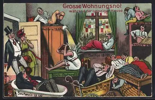 AK Leipzig, Grosse Wohnungsnot während der Leipziger Messe, Karikatur