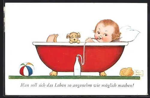 Künstler-AK John Wills: Baby macht es sich in der Badewanne gemütlich