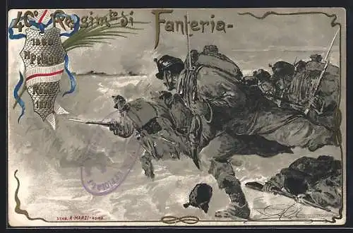 Lithographie 40. Reggimento di Fanteria, Soldaten stürmen in die Schlacht