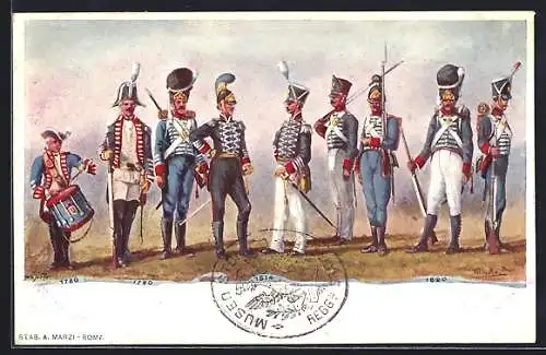 Künstler-AK Granatieri di Sardegna, Uniformen der sardischen Infanterie 1780 - 1820