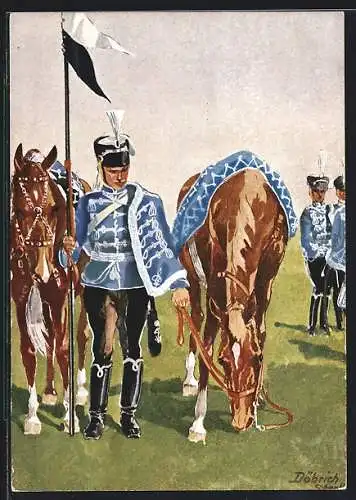 Künstler-AK Döbrich-Steglitz: Thürimngisches Husaren-Regiment Nr. 12, Soldat neben seinem Pferd