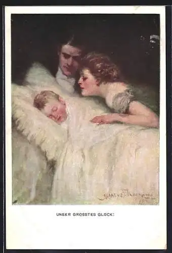 Künstler-AK Clarence F.Underwood: Familienglück, Ehepaar schauen wie ihr Kind einschläft