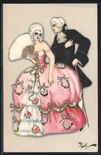 Künstler-AK Mann steht hinter Frau mit Fächer, Art Deco