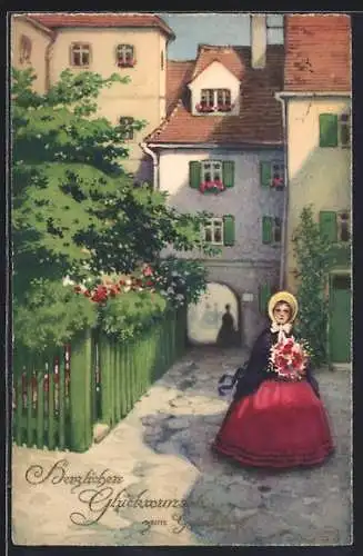 Künstler-AK Meissner & Buch (M&B) Nr. 2989: Frau mit Blumenstrauss in einem Hinterhof