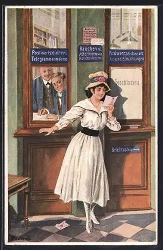 Künstler-AK Rowland, Postlagernd, Dame liest Telegramm