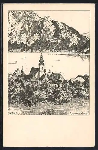 Künstler-AK Ulf Seidl: Unterach am Attersee, Ortsansicht mit See