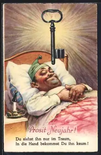 AK Scherz Du siehst ihn nur im Traum, Mann liegt im Bett und träumt von einem Schlüssel