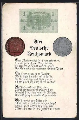 AK Drei Deutsche Reichsmark, Geldschein und Münzen