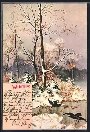 Lithographie Winter, Krähen und tiefstehende Sonne, Allegorie