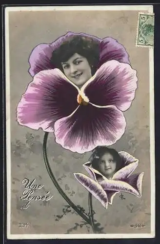 AK Mädchen- und Frauenportrait auf Blüten