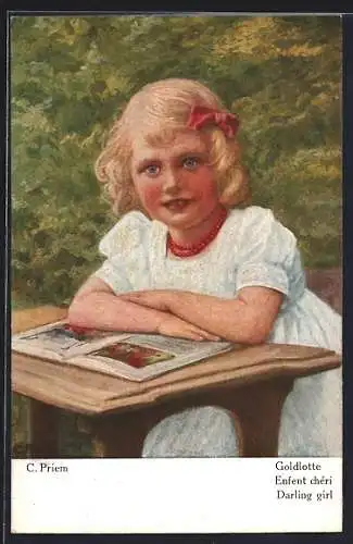 AK Goldlotte, Mädchen in weissem Kleid mit einem Buch am Tisch